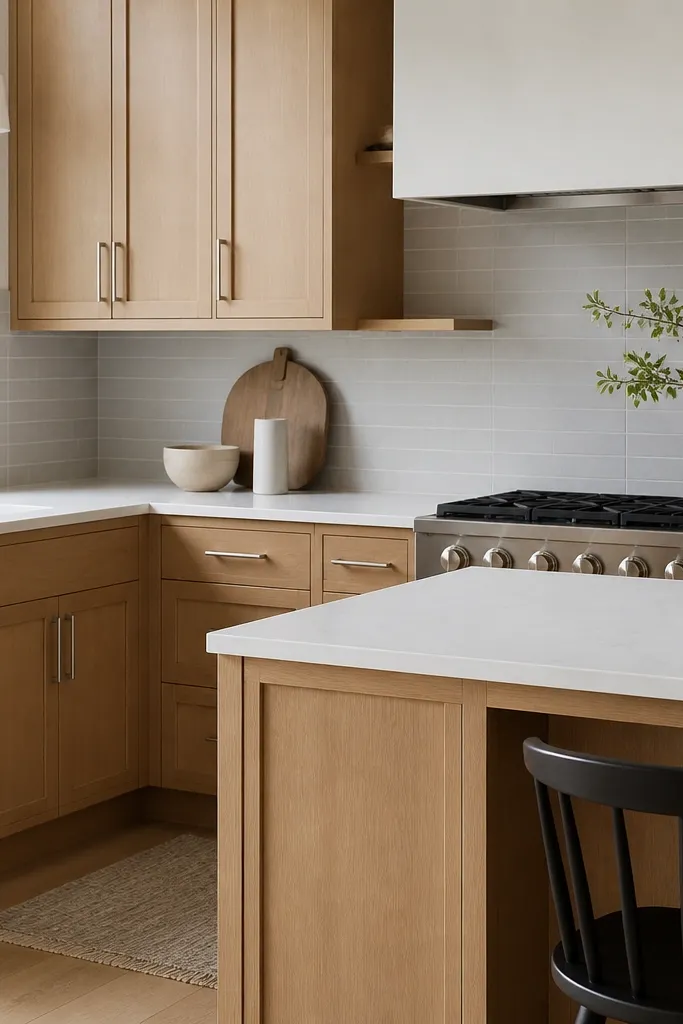 White oak cabinets in natural satin finish with white grout lines in a light gray backsplash tile. The counters are white quartz. Hardware is brushed nickel.