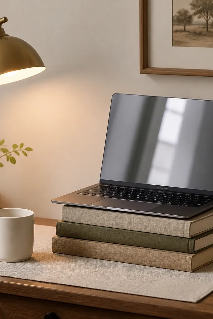 A laptop on a stack of three hardcover books on a small desk, with a beige linen desk mat underneath. A white ceramic mug sits on the mat, and a warm brass lamp glows from the left. Behind the desk is a simple off-white wall with a small framed print.