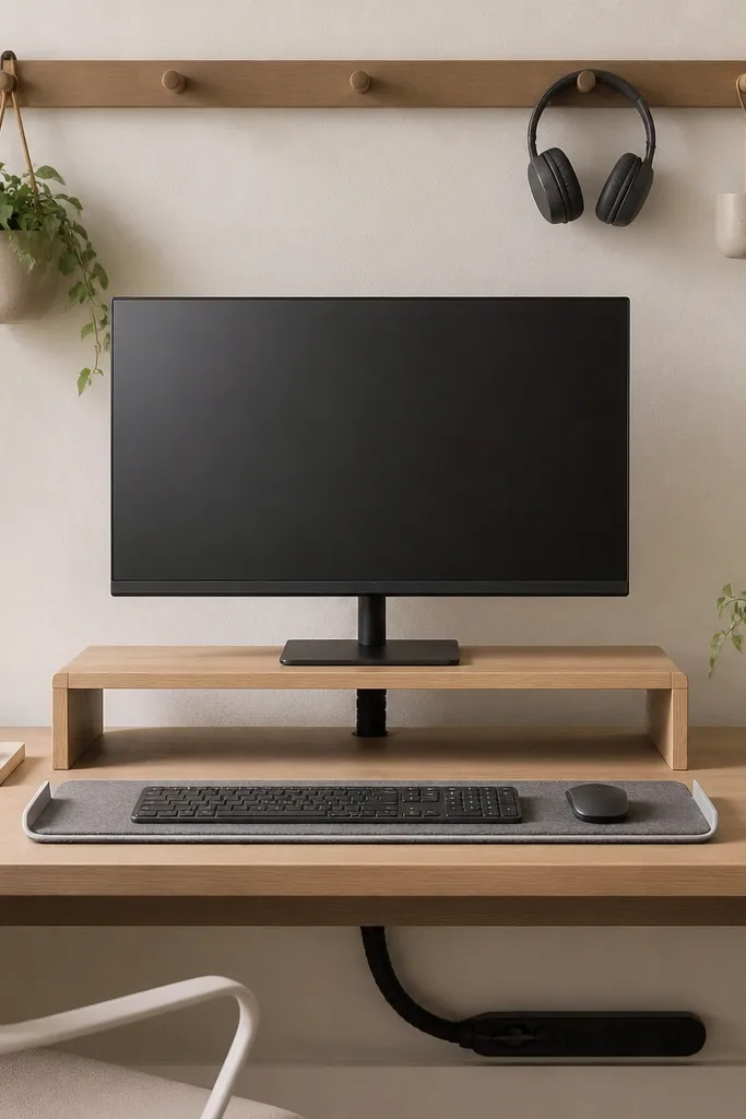 A flat monitor on a light oak riser. All cords run behind the riser into a black fabric cable sleeve that drops to a power strip under the desk. A gray tray holds a keyboard and mouse. The wall behind has a minimalist peg rail.
