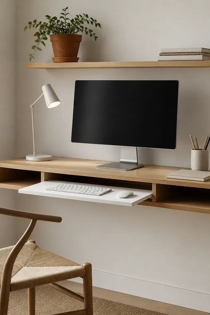 A floating wall shelf used as a desk, with a small white keyboard tray attached. A monitor sits centered, and a slim desk lamp points down toward the workspace. A narrow shelf holds a plant in a terracotta pot and a stack of notebooks.