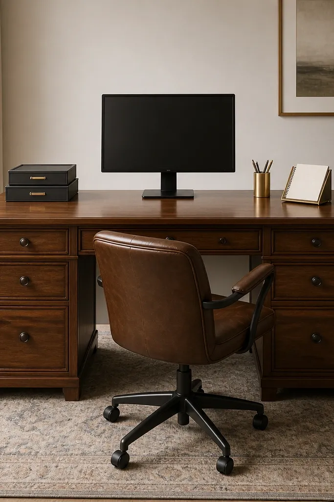 A desk with drawers and a clear view of a tidy top. On the desk sit two stacked lidded trays, a brass pen holder, and a small notebook stand. The monitor sits centered and a small rug under the chair softens the floor.