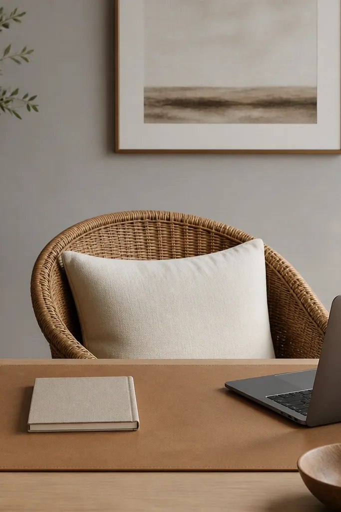 A woven rattan chair with a cream cushion placed at a desk. A tan leather-look desk mat covers the main work area. A soft gray wall and a simple framed art piece sit behind the chair.