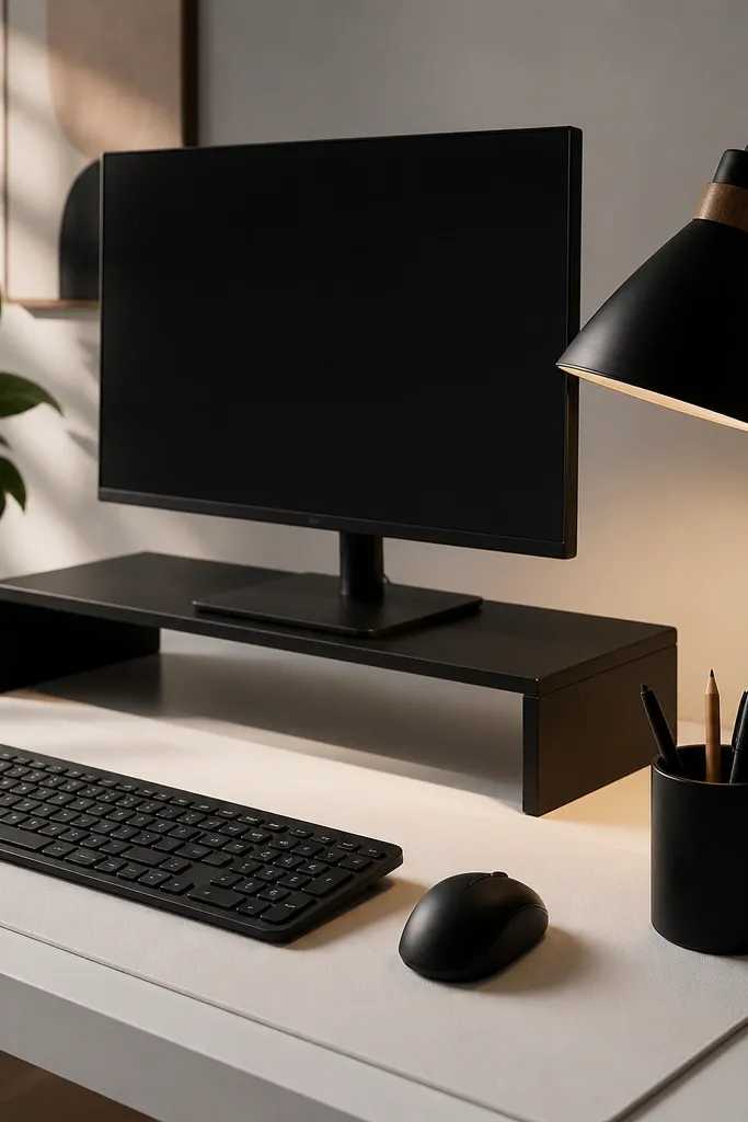 A white desk with a black monitor stand. Black keyboard, mouse, and pen cup sit on a white desk mat. A black-and-wood desk lamp shades the workspace with warm light.
