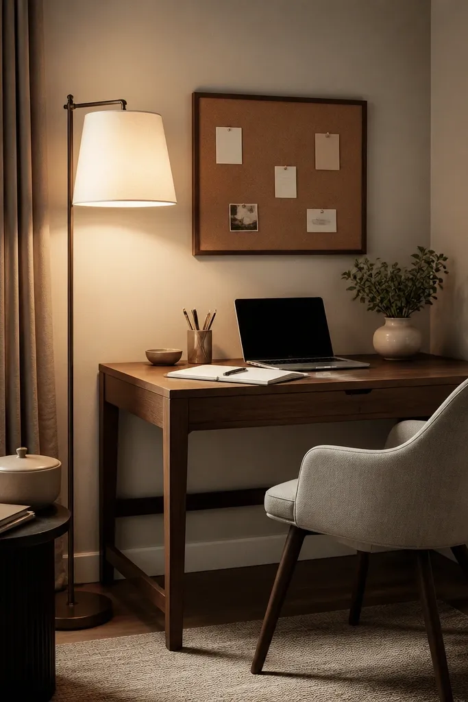A desk tucked into a corner. A tall floor lamp stands behind the desk to the left, with light spilling across the workspace. A small side table holds a lidded container and a stack of folders. The wall behind has a corkboard with a few pinned notes.