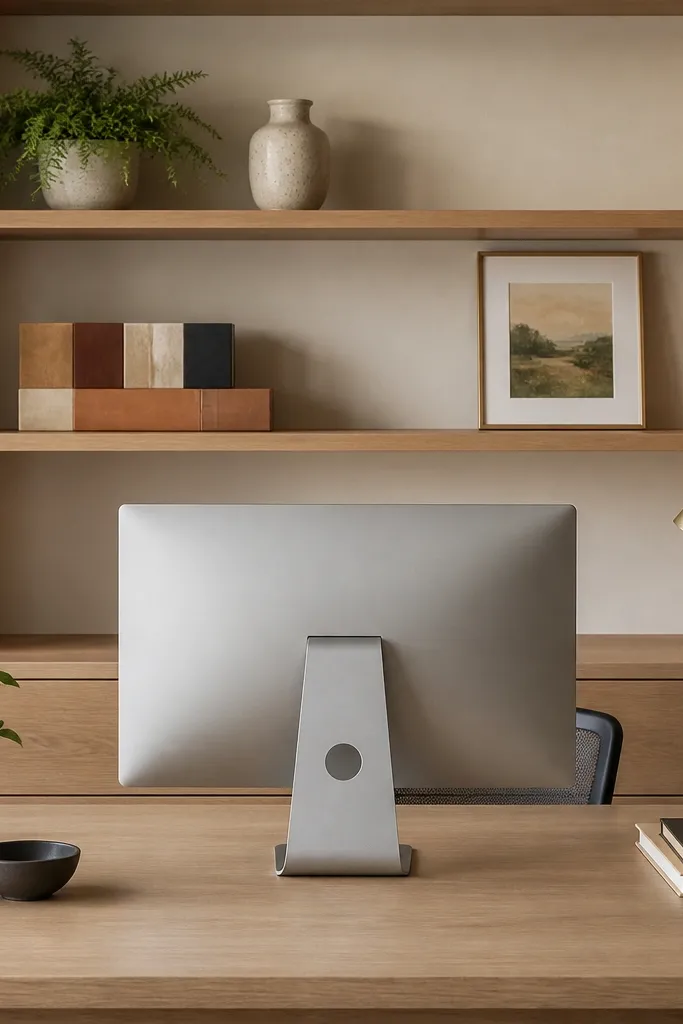 An open shelf behind a desk with a few items: a small plant, a ceramic vase, and a color-blocked stack of books. The monitor sits in front of the shelf, and a small framed photo is placed at eye height.