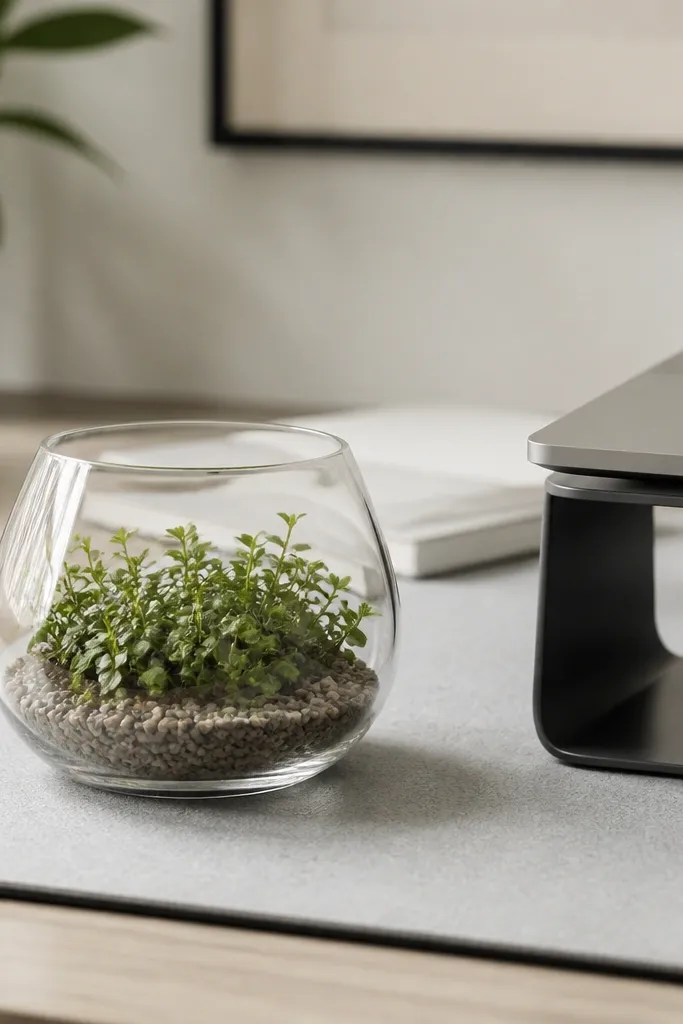 A small glass terrarium on the desk beside a laptop stand. Inside is a low plant with tiny leaves. The desk mat is light gray, and a white notepad sits behind the terrarium.