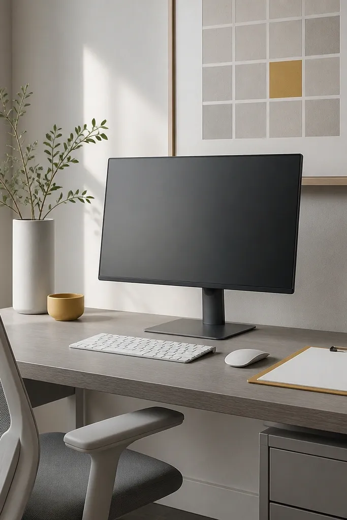 A framed grid print hangs behind the monitor. A clipboard with a single sheet sits on the desk, and a slim pen holder is mounted near the keyboard. The color palette is gray, white, and one soft mustard accent.