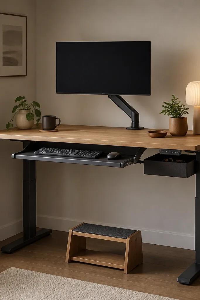 A standing desk with a monitor arm. The monitor sits centered, and a keyboard tray slides out. There's a small step stool under the desk and a drawer organizer for cables. A warm desk lamp sits near the edge.