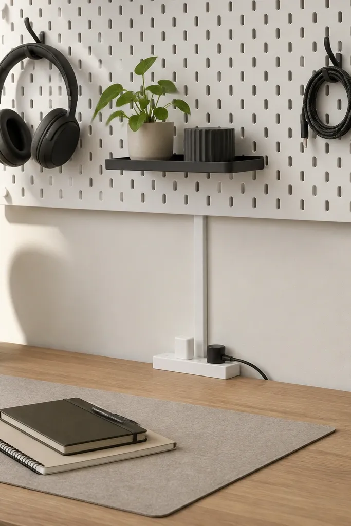 A white pegboard wall behind the desk with black hooks holding headphones and a small shelf. A cable channel runs down to a power strip. The desk below has a neutral mat and a small stack of notebooks.