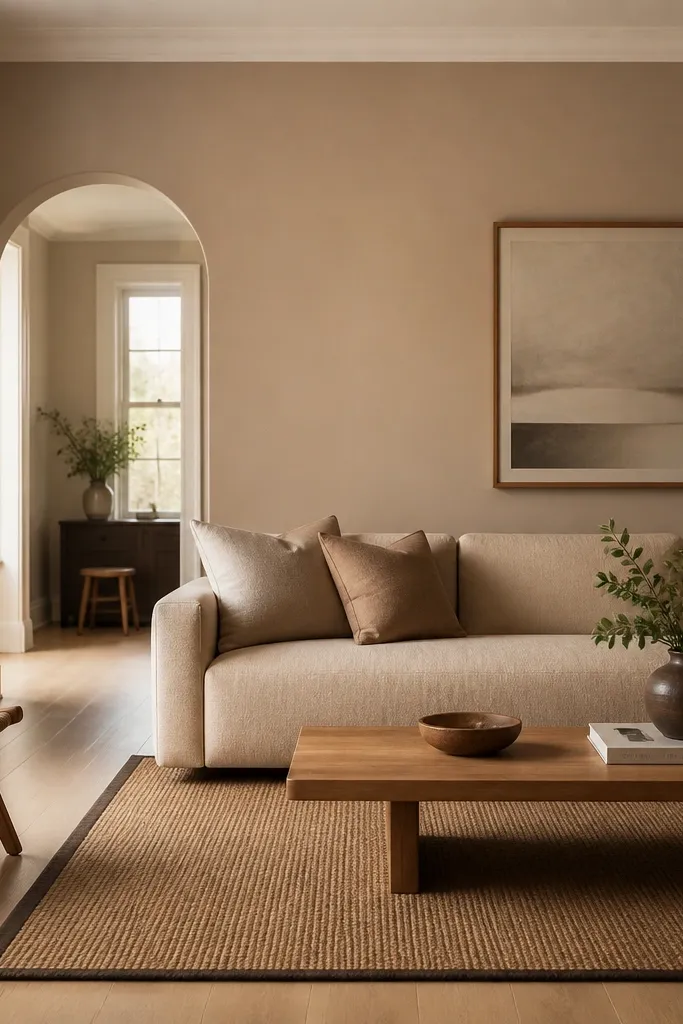 A living room painted in a soft beige clay tone. White trim is slightly creamy. A light oak floor is visible. The room has a tan linen sofa and a woven jute rug with a darker border.