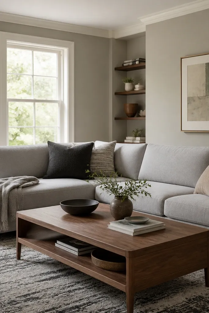 A modern living room with a greige wall. The sofa is a cool light gray, and the coffee table is walnut. The window trim is warm off-white, and the rug has charcoal and oatmeal tones.