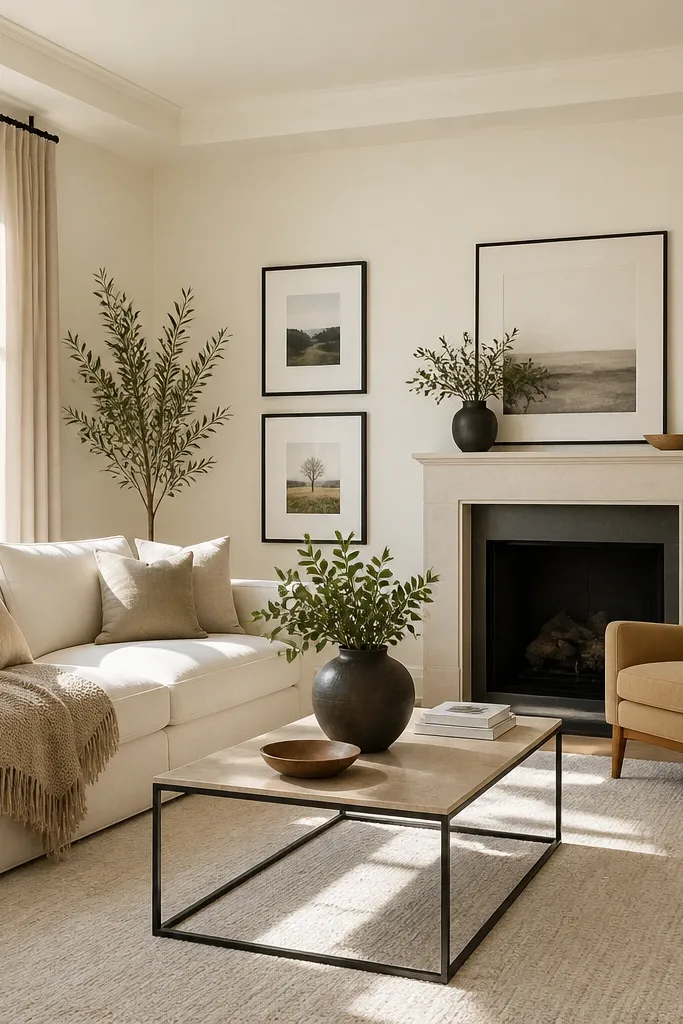 A bright living room with creamy white walls. The trim and ceiling are also off-white, not stark. There's a soft ivory rug, a light tan chair, and black metal picture frames.