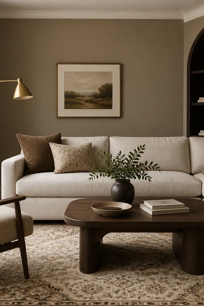 A living room with mushroom taupe walls. The sofa is oatmeal, and the rug is patterned with beige and mocha. Brass floor lamp and dark wood accents are visible.