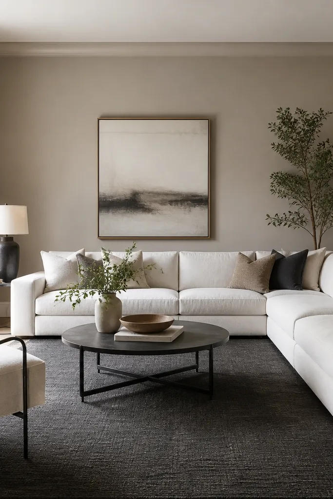 A living room painted a light greige. A dark charcoal rug anchors the seating area. There's a white sectional, black legs on furniture, and neutral throw pillows.