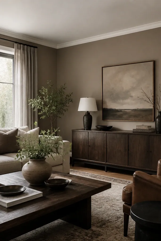 A living room with warm taupe walls. Dark walnut furniture and a medium brown leather chair are visible. The ceiling is white, and the curtains are warm gray linen.