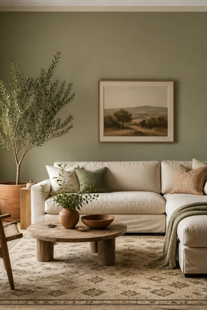 A living room with muted sage green walls. There are white curtains, a light oatmeal sofa, and plants in terracotta pots. The rug is beige with green accents.