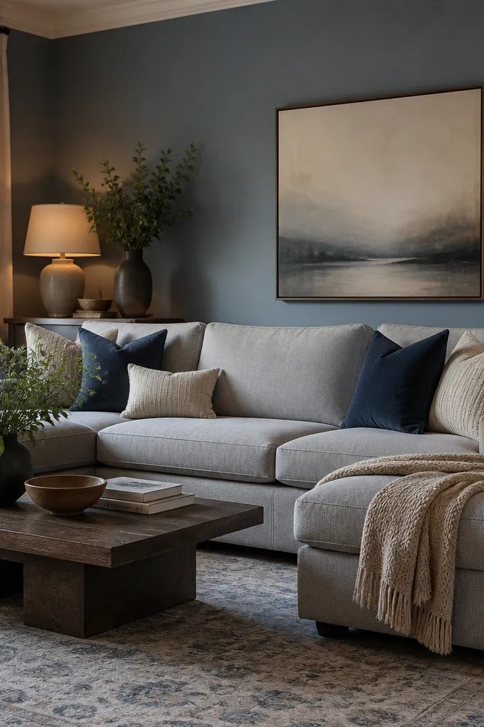 A living room with dusty blue-gray walls. The sofa is light gray, and the throw pillows are in navy and oatmeal. The lighting is warm, and the rug has blue-gray tones.