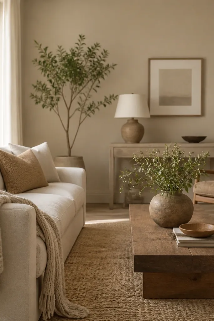 A living room with warm putty walls. The furniture is a mix of cream and light brown. A textured woven rug and a neutral knit throw are visible.