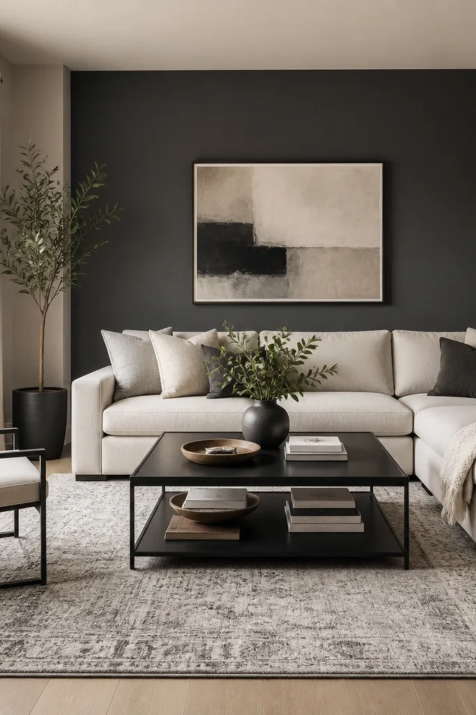 A living room with charcoal-gray accent wall behind the sofa. The main walls are light warm gray. There's a light sofa, black metal frames, and a patterned rug with gray and cream.