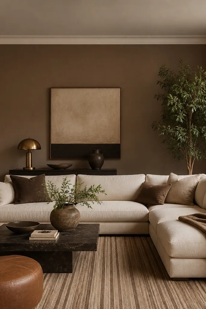 A living room painted in a muted mocha brown. There's a cream sectional, warm brass lamps, and a rug with tan and brown stripes.