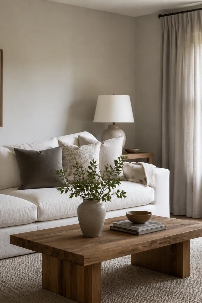 A living room with warm light gray walls. The sofa is ivory, the rug is oatmeal, and the curtains are soft gray linen. A wood coffee table is visible.