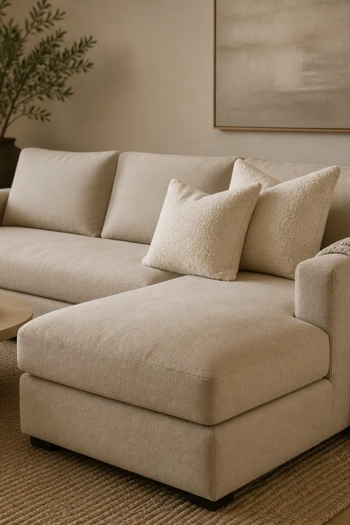 A beige L shape sofa with the chaise facing the camera. One oatmeal knit throw is draped over the chaise arm. Three cream boucle pillows sit stacked: two square with one lumbar behind them. A small tray with a candle sits on a low coffee table.