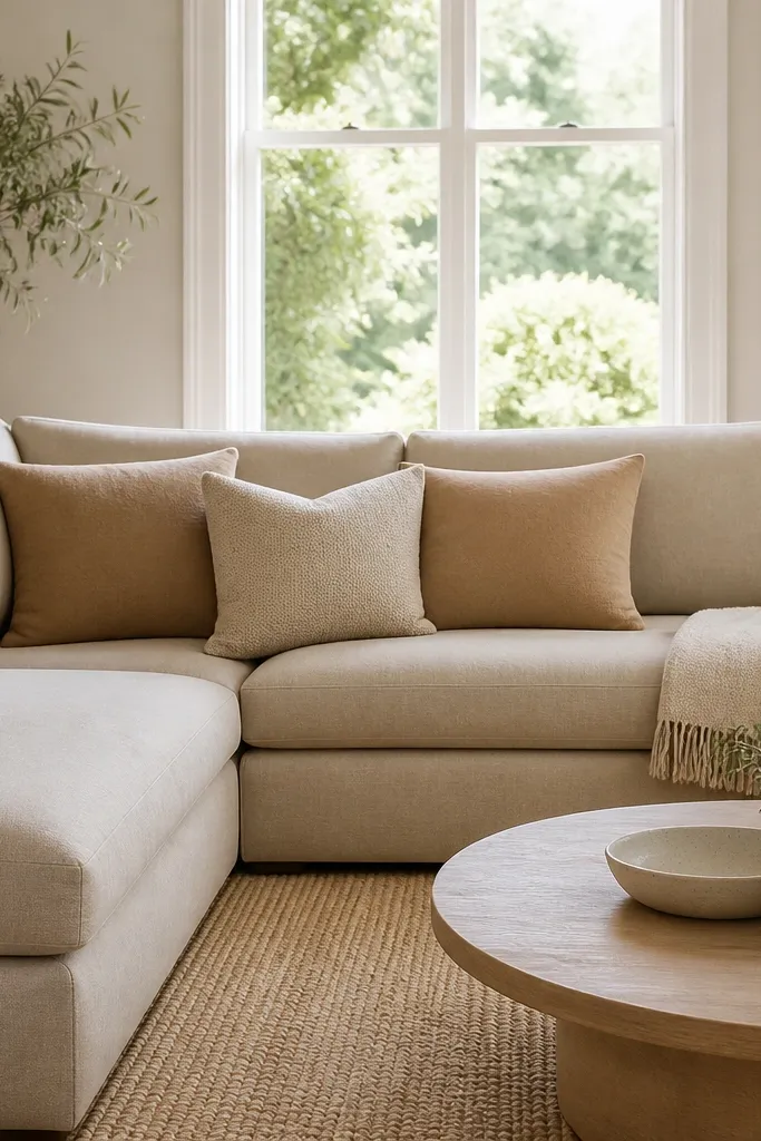 A beige sectional under a window. The rug is light jute with a flat weave texture. The sofa has two latte pillows and one sand pillow in front, plus a plain cream throw folded at the corner.