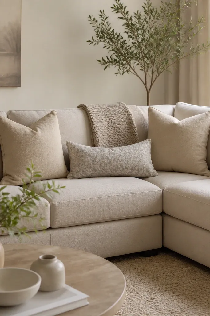 A beige L shape sofa styled with mostly solid pillows. Two square pillows in warm beige flank a single lumbar pillow with a subtle warm gray pattern. A textured throw blanket in light taupe is folded over the back edge.