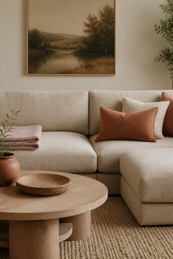 A beige sectional with a blush pink throw blanket folded on the loveseat side. Two terracotta pillows sit in front, with one small cream pillow behind. A terracotta ceramic pot with a plant sits on the coffee table.