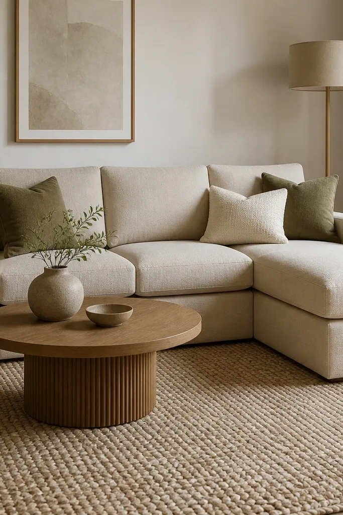 Beige L shape sofa with three pillows: two olive green and one cream. The rug is a braided beige rug with slight tone variation. A neutral floor lamp with a fabric shade stands beside the sofa.