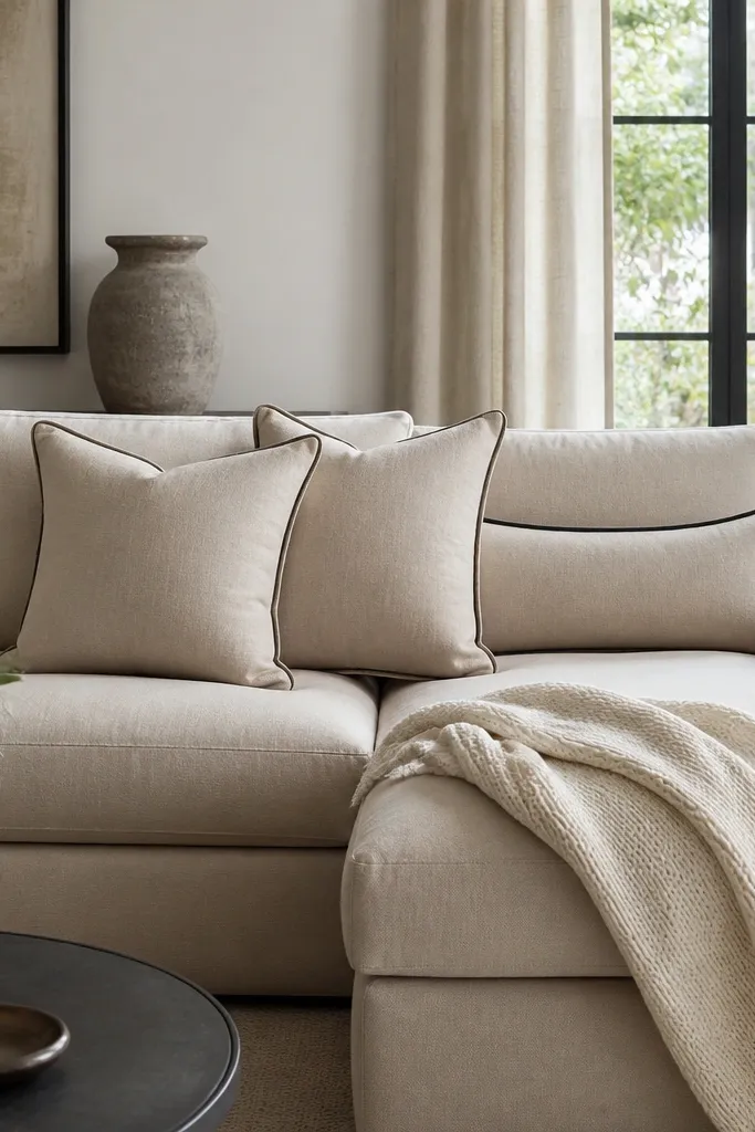 A beige sectional with pillows that have thin black piping. Two square pillows sit in front, and a black-trim lumbar is placed behind them. The throw is a plain cream knit draped over the corner.