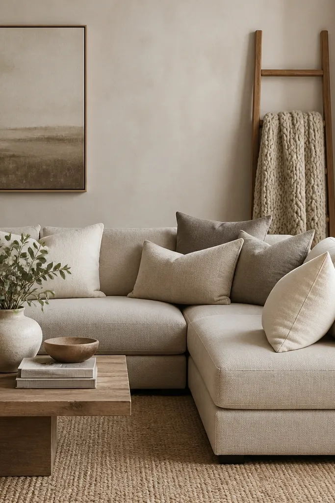 A beige L shape sofa in mushroom-beige tones. Pillows are in layered shades: cream, mushroom, and taupe. A chunky throw blanket is folded over a wooden ladder-style throw rack near the sofa.