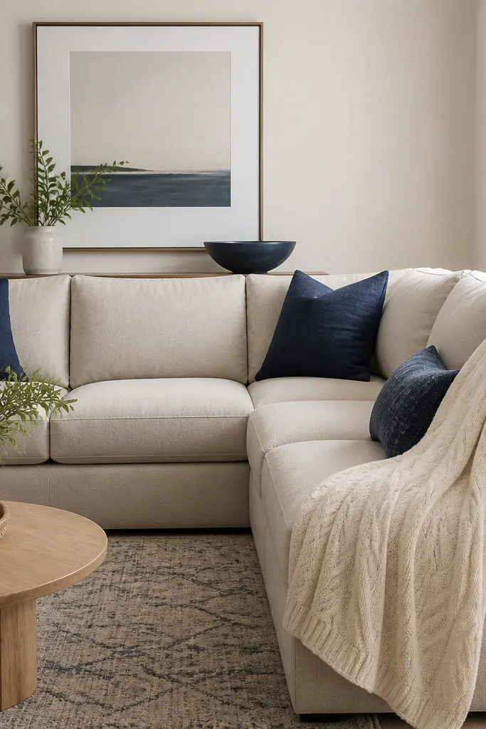A beige L shape sofa with navy pillows. A white cable-knit throw hangs over the back edge. A navy ceramic bowl and white framed art appear behind the sofa.
