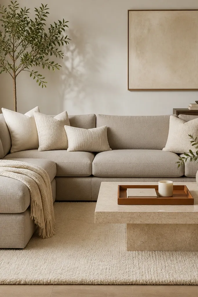 Beige sectional with a mix of warm white and cream pillows. A caramel leather tray sits on the coffee table holding a candle and small book. A low wool rug in cream covers the front area.