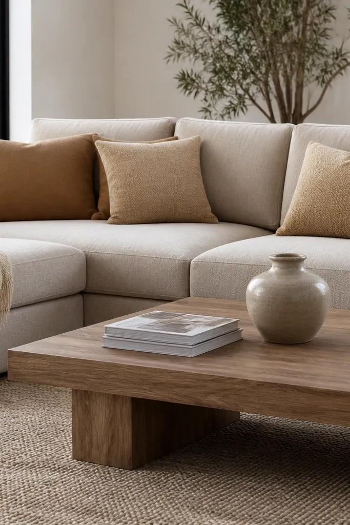 A beige sectional with camel and sand pillows. The coffee table is light walnut with visible grain. A small stack of magazines and a ceramic vase sit on top.