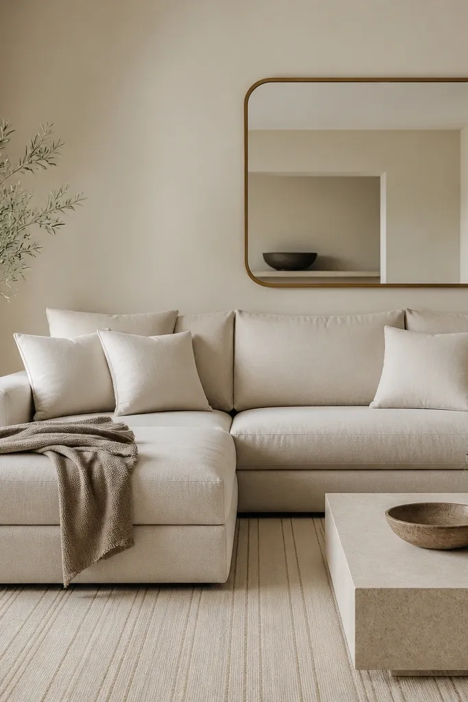 A beige L shape sofa with solid cream pillows and a plain taupe throw. The rug has subtle vertical stripes in beige and slightly darker oatmeal. The wall behind has minimal decor and a single large mirror.