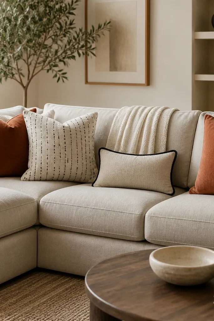 Beige sectional with three pillow types: two terracotta solid pillows, one cream pillow with small black dots, and a small black-trim lumbar. A cream throw blanket is draped over the back.