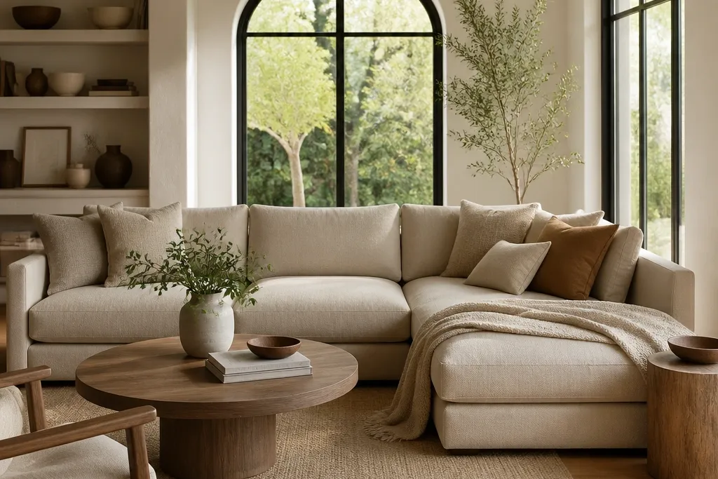 Beige cozy l shape sofa living room ideas
