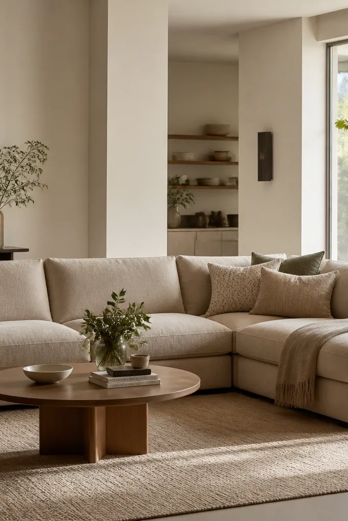 Beige cozy l shape sofa living room ideas