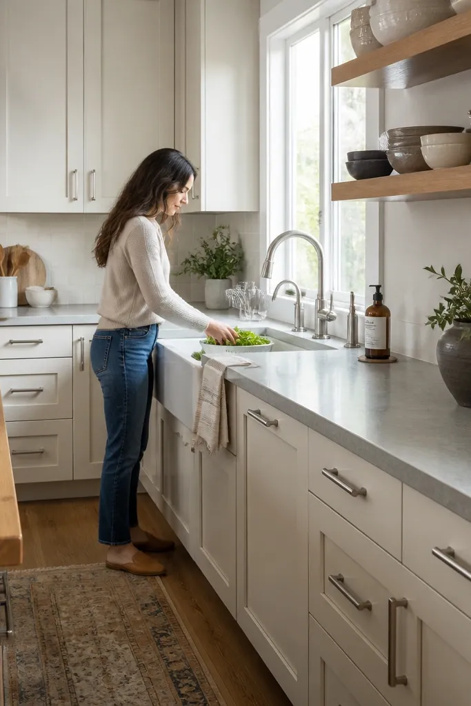 Cream cabinets with warm wood shelves, light gray counters, and a small dining landing zone.