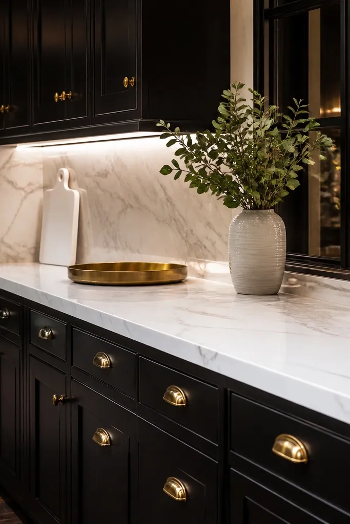 Black cabinets with brass details, white marble counters, and a sleek dining pendant glow.