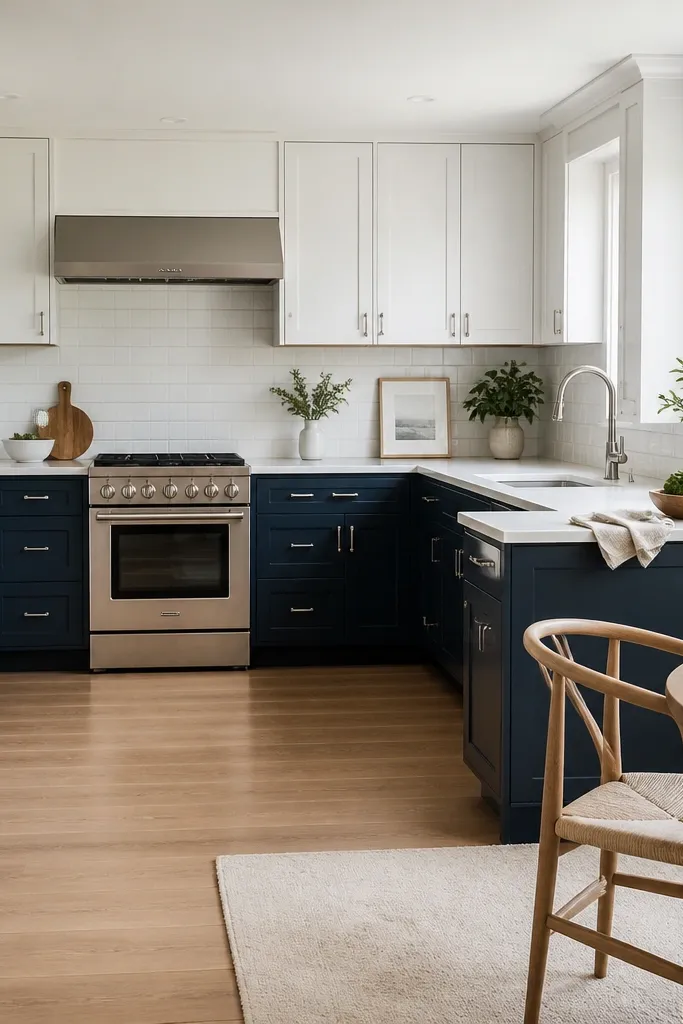 White upper cabinets, navy lower cabinets, and a clean counter line with a matching dining chair color.