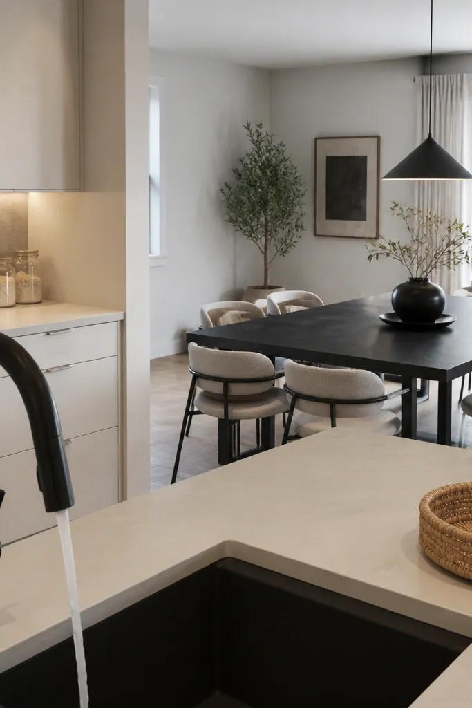 Matte white cabinets, white counters, and a dark dining table with matching chairs.