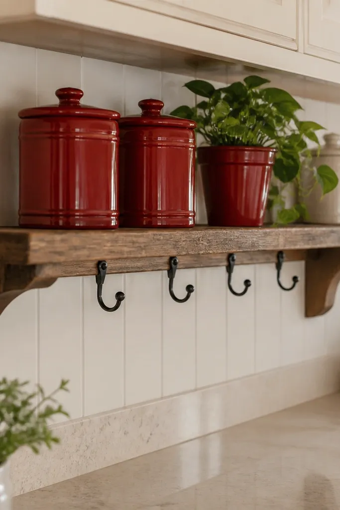 Neutral cabinets with a bold red shelf decor cluster and a styled counter near the dining side.