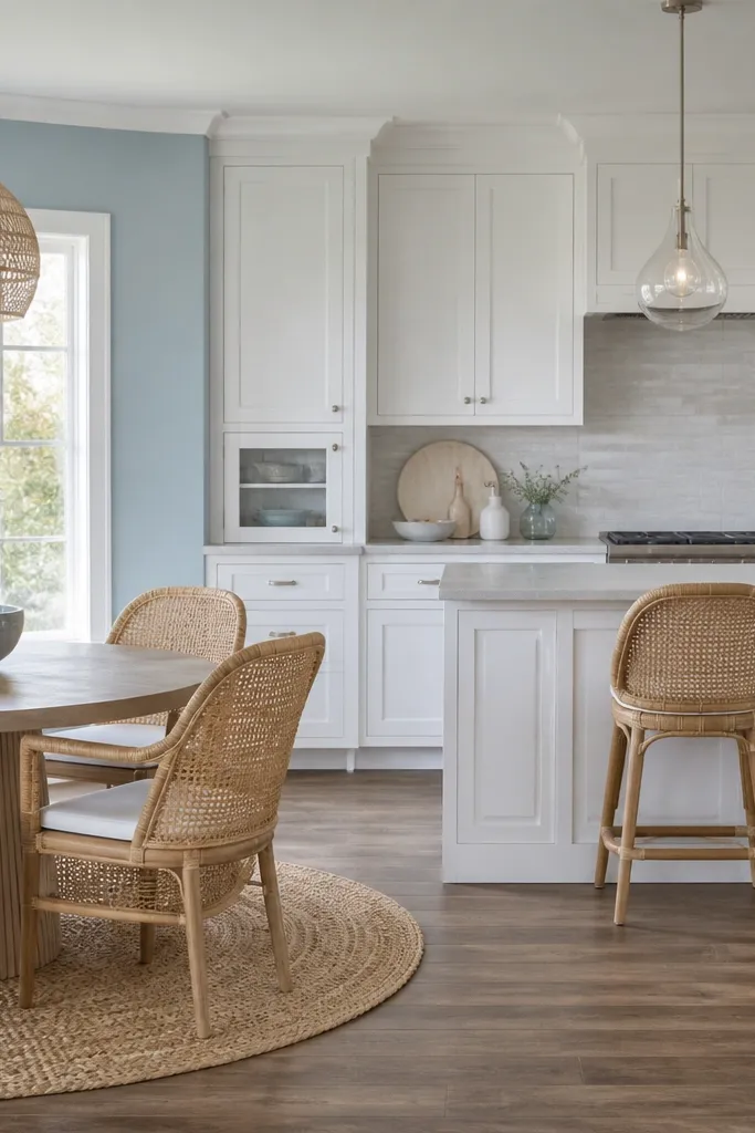 White cabinets, light blue accents, woven dining chair textures, and airy counter styling.