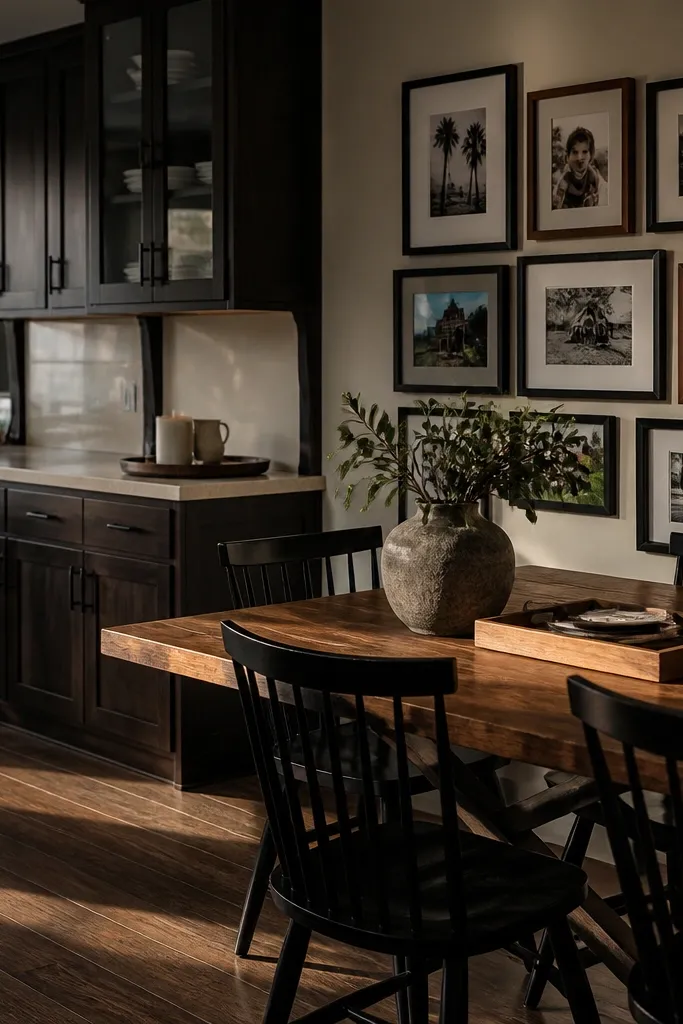 Deep brown cabinets, black hardware, dark counters, and framed art above the dining area.