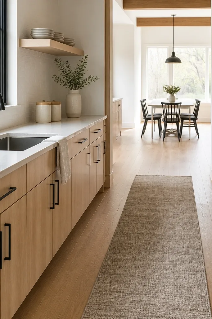 Light cabinets, slim black accents, pale counters, and a long runner across the dining floor area.