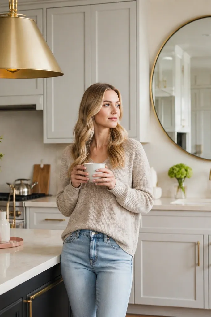 Champagne gold accents, soft pink decor, and mirrored touches around a white or cream kitchen.