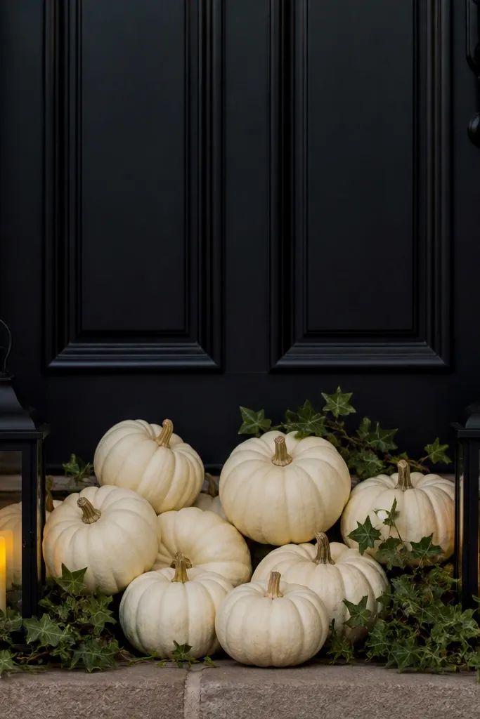 Two black lanterns beside a cluster of white and cream pumpkins on a porch mat