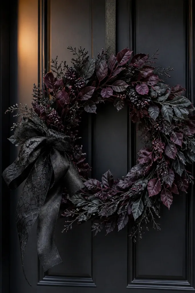 A black wreath with dark berries and a striped ribbon hanging on a front door